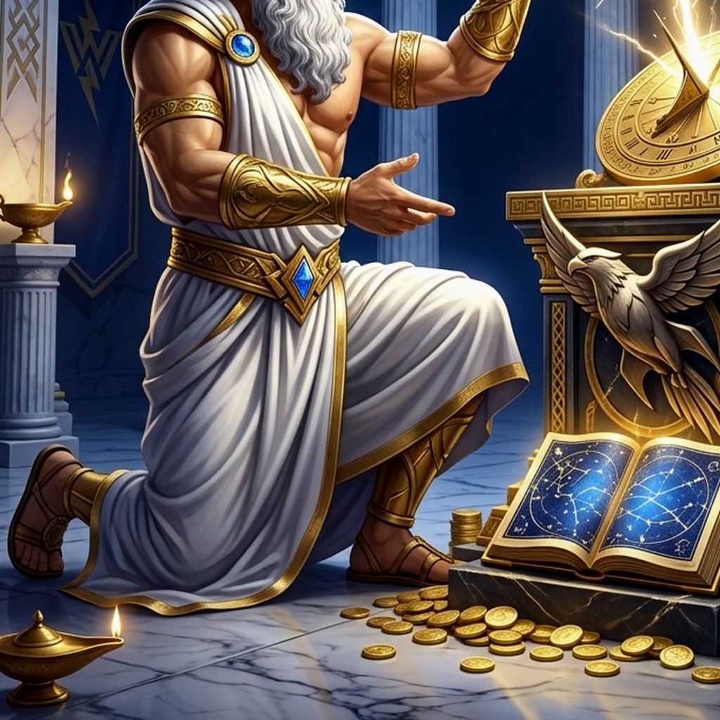 Giao diện trò chơi Gates of Olympus với các biểu tượng thần thoại Hy Lạp trên nền trời xanh